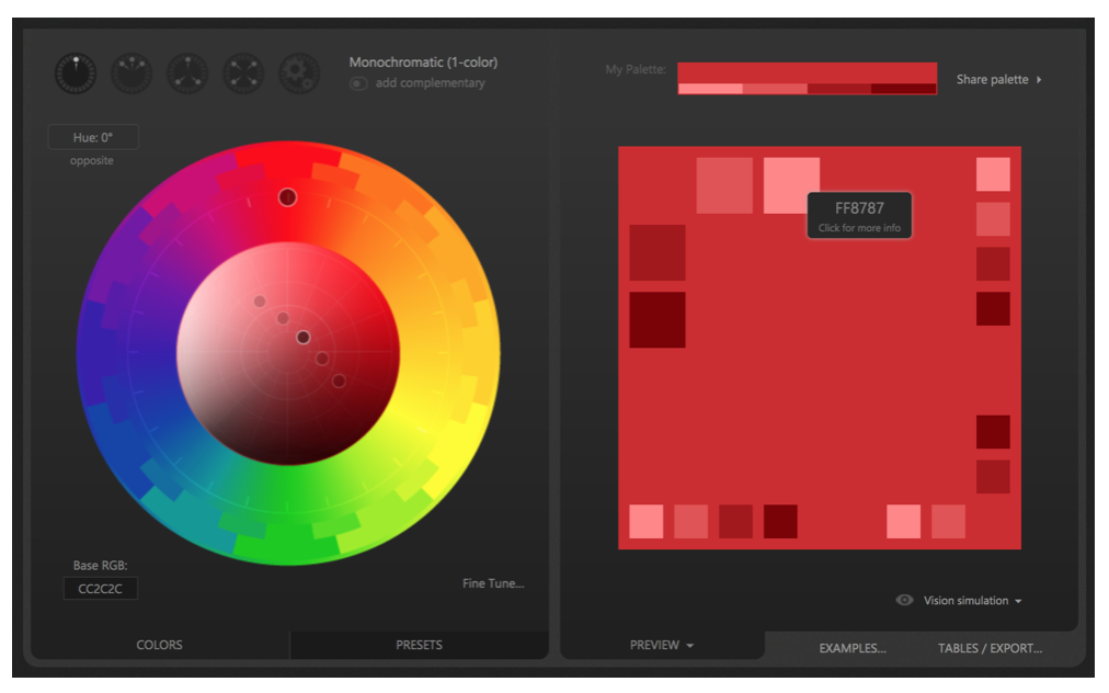 Using Paletton to generate a full palette from the red shade selected. There's a color wheel showing all hues on the left, and a square showing various shades of red on the right.